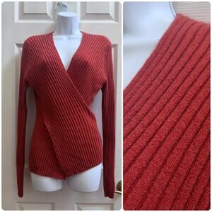 Terryl for Thalian Cashmere Blend Rib Deep V Faux Wrap Pullover Sweater Medium
